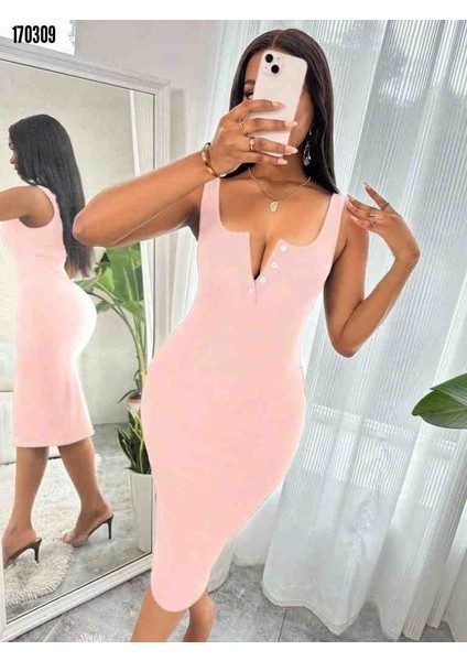 Kadın Askılı Önü Düğmeli Midi Kaşkorse Elbise, Kırmızı Gül Figürlü Kolye Hediye