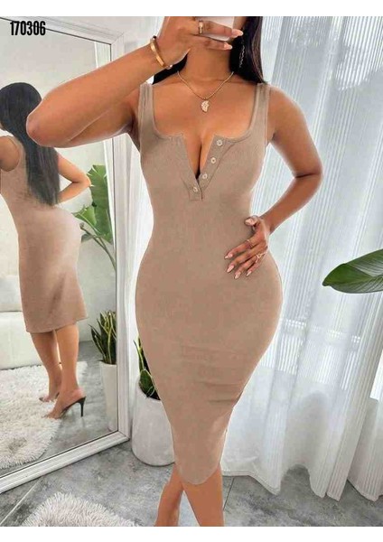 Kadın Askılı Önü Düğmeli Midi Kaşkorse Elbise, Kırmızı Gül Figürlü Kolye Hediye