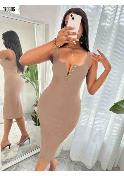 Kadın Askılı Önü Düğmeli Midi Kaşkorse Elbise, Kırmızı Gül Figürlü Kolye Hediye fiyatları