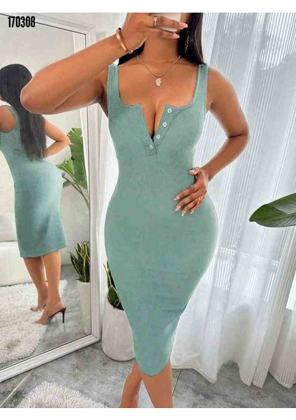 Kadın Askılı Önü Düğmeli Midi Kaşkorse Elbise, Kırmızı Gül Figürlü Kolye Hediye