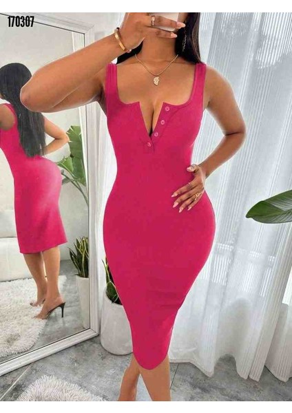 Kadın Askılı Önü Düğmeli Midi Kaşkorse Elbise, Kırmızı Gül Figürlü Kolye Hediye fiyatları