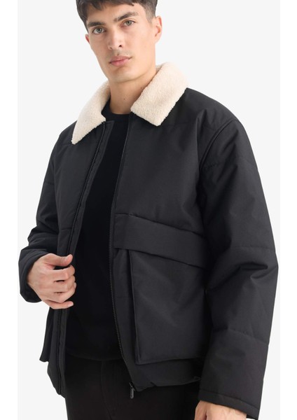 Su İtici Rüzgar Geçirmez Slim Fit Dar Kesim Suni Kürklü Polo Yaka Astarlı Fermuarlı Cepli Mont D1187AX25WN