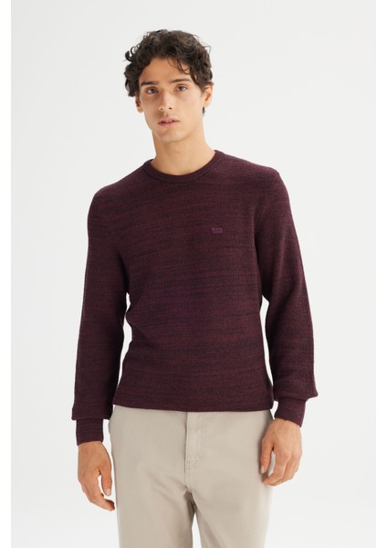 Regular Fit Normal Kesim Bisiklet Yaka Bordo Triko Kazak