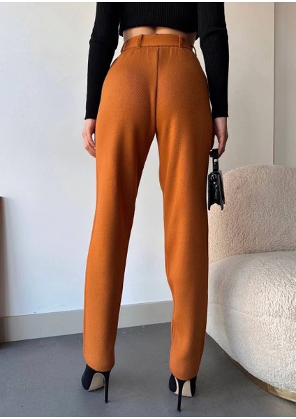 Kendinden Kemerli Triko Pantolon Camel modelleri