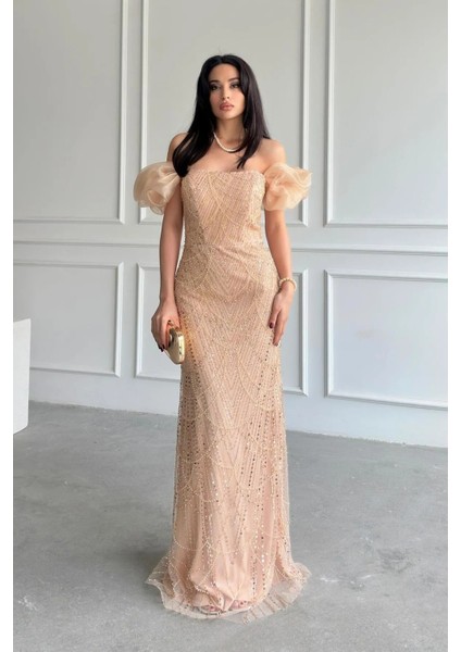 Gold Taş Işlemeli Balon Kol Abiye 0801053.122