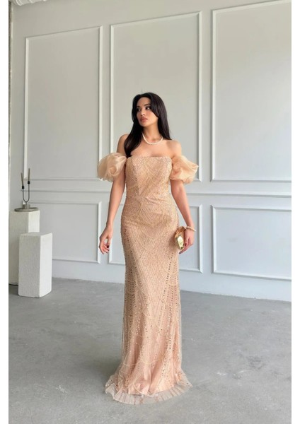 Gold Taş Işlemeli Balon Kol Abiye 0801053.122 modelleri