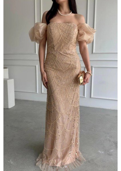 Gold Taş Işlemeli Balon Kol Abiye 0801053.122 fırsatları