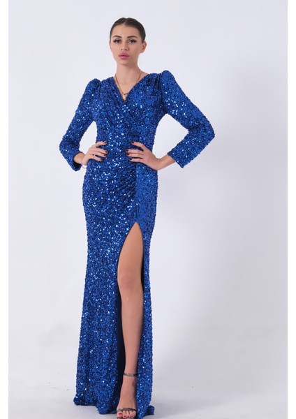 Saks Pul Payetli Drapeli Önü Yırtmaçlı Abiye 9705393.26