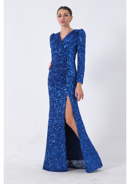 Saks Pul Payetli Drapeli Önü Yırtmaçlı Abiye 9705393.26 modelleri