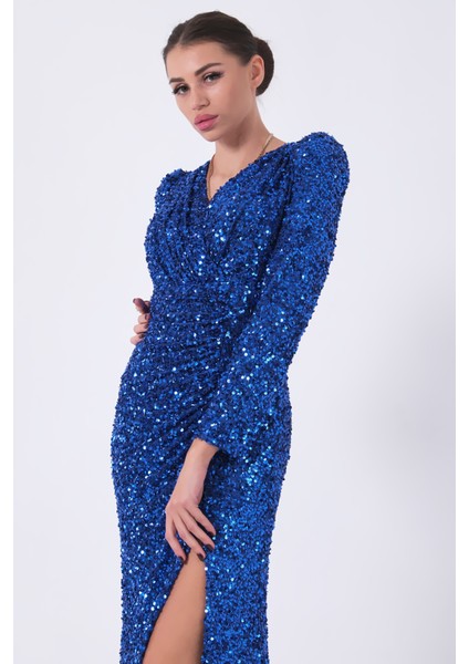 Saks Pul Payetli Drapeli Önü Yırtmaçlı Abiye 9705393.26