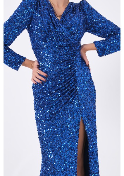 Saks Pul Payetli Drapeli Önü Yırtmaçlı Abiye 9705393.26