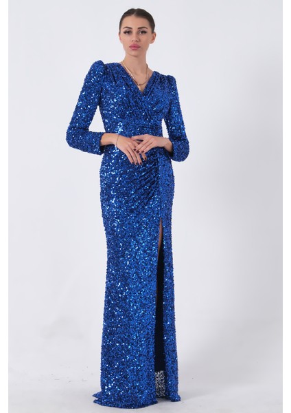 Saks Pul Payetli Drapeli Önü Yırtmaçlı Abiye 9705393.26