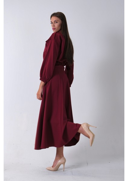 Bordo Beli Lastikli Cepli Ceket ve Etek Ikili Takım 4595053.04