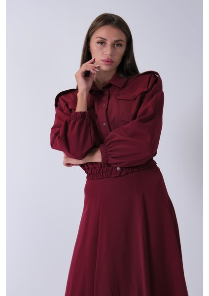 Bordo Beli Lastikli Cepli Ceket ve Etek Ikili Takım 4595053.04