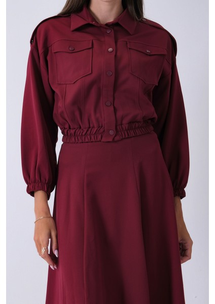 Bordo Beli Lastikli Cepli Ceket ve Etek Ikili Takım 4595053.04
