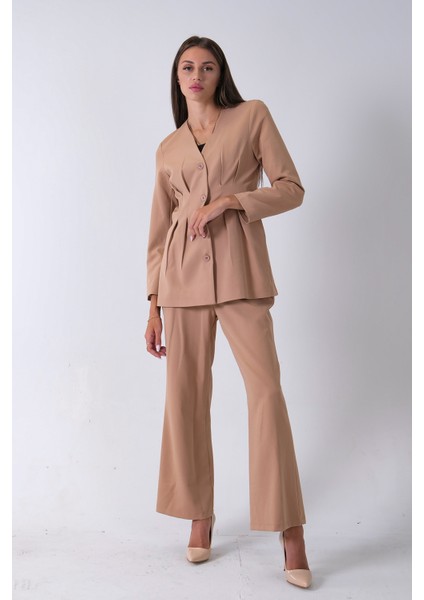 Bej Önü 4 Düğme Kapamalı Pantolonlu Takım 4592261.55