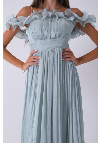 Mint Göğüs ve Etek Ucu Çiçek Detaylı Abiye Elbise 9705622.27