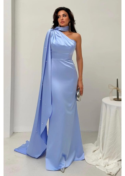 Mavi Yaka Kuşak Detaylı Tek Omuz Abiye 0801099.16