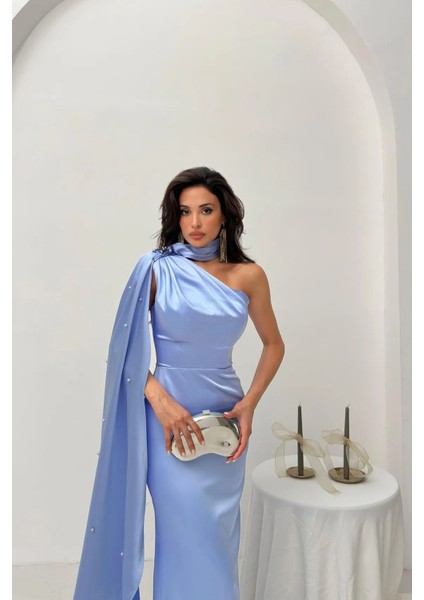 Mavi Yaka Kuşak Detaylı Tek Omuz Abiye 0801099.16 fiyatları