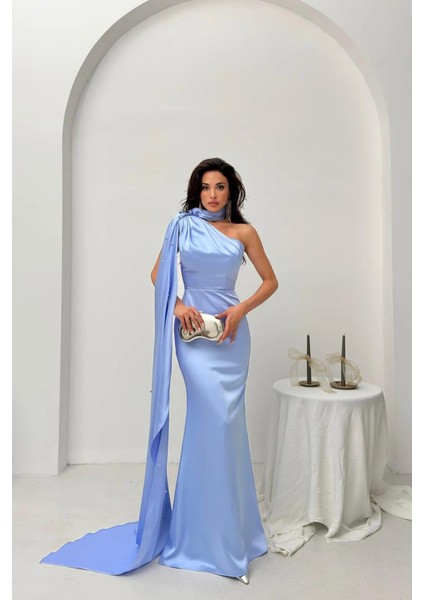 Mavi Yaka Kuşak Detaylı Tek Omuz Abiye 0801099.16 modelleri