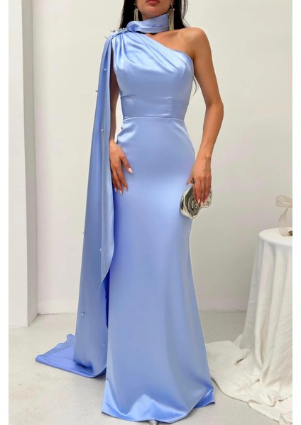 Mavi Yaka Kuşak Detaylı Tek Omuz Abiye 0801099.16 fırsatları