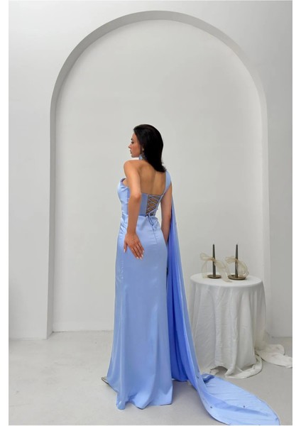 Mavi Yaka Kuşak Detaylı Tek Omuz Abiye 0801099.16 indirimleri