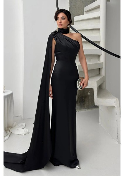 Siyah Yaka Kuşak Detaylı Tek Omuz Abiye 0801099.01