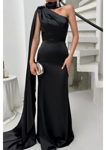 Siyah Yaka Kuşak Detaylı Tek Omuz Abiye 0801099.01 fırsatları