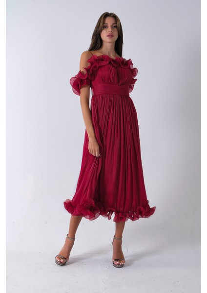 Bordo Göğüs ve Etek Ucu Çiçek Detaylı Abiye Elbise 9705622.04