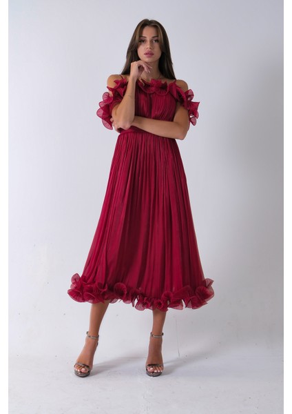 Bordo Göğüs ve Etek Ucu Çiçek Detaylı Abiye Elbise 9705622.04 modelleri