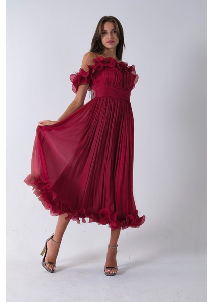 Bordo Göğüs ve Etek Ucu Çiçek Detaylı Abiye Elbise 9705622.04 indirimleri