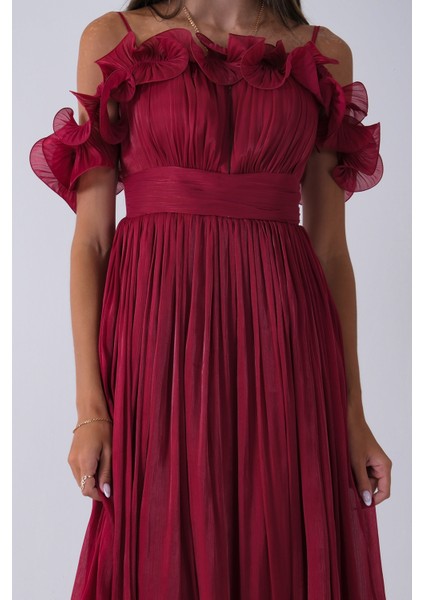 Bordo Göğüs ve Etek Ucu Çiçek Detaylı Abiye Elbise 9705622.04