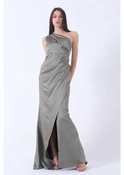 Haki Önü Yırtmaçlı Tek Omuz Şık Abiye 0801563.23 modelleri