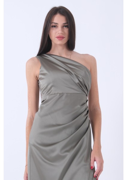 Haki Önü Yırtmaçlı Tek Omuz Şık Abiye 0801563.23