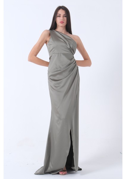 Haki Önü Yırtmaçlı Tek Omuz Şık Abiye 0801563.23