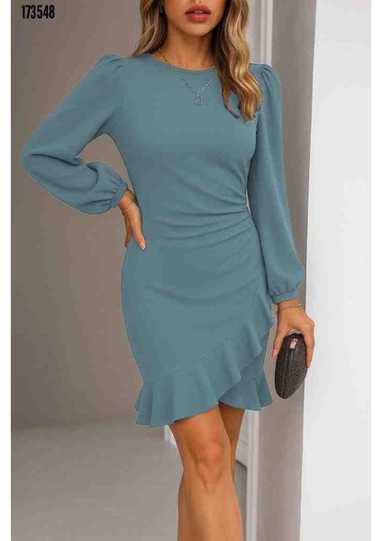 Kadın Uzun Kollu Bisiklet Yaka Önden Volanlı Ithal Krep Elbise, Kırmızı Gül Figürlü Kolye Hediye fiyatları