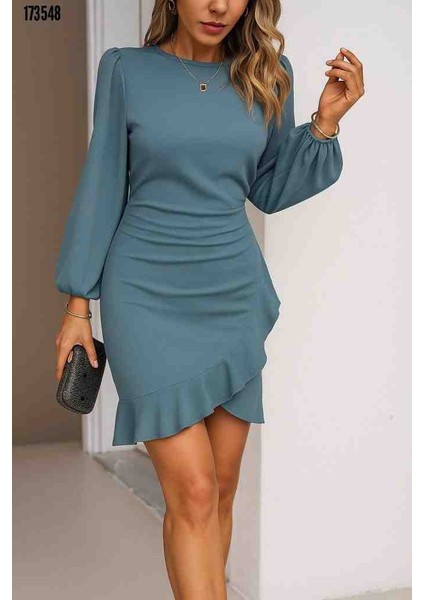 Kadın Uzun Kollu Bisiklet Yaka Önden Volanlı Ithal Krep Elbise, Kırmızı Gül Figürlü Kolye Hediye modelleri