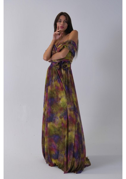 Fıstık Beli Çiçek Detaylı Desenli Şifon Abiye 0801102.22