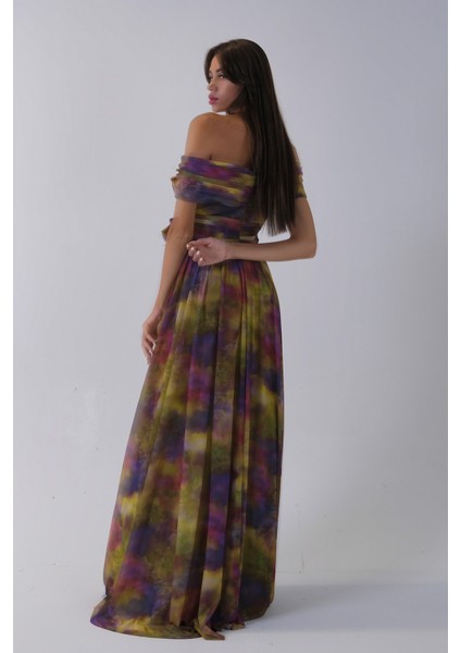 Fıstık Beli Çiçek Detaylı Desenli Şifon Abiye 0801102.22 modelleri