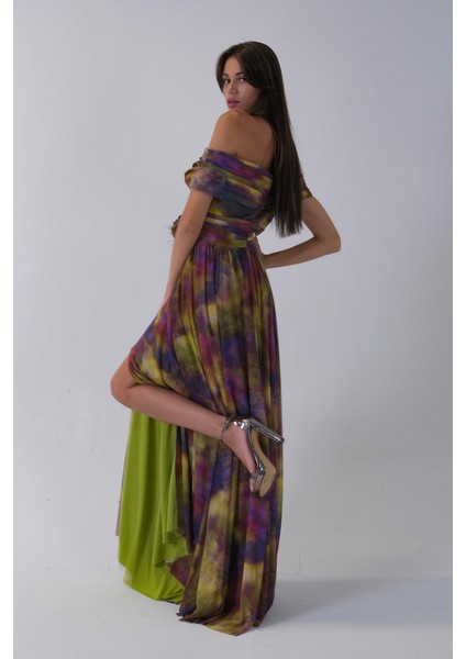 Fıstık Beli Çiçek Detaylı Desenli Şifon Abiye 0801102.22 fırsatları