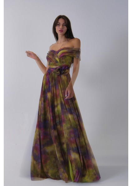 Fıstık Beli Çiçek Detaylı Desenli Şifon Abiye 0801102.22