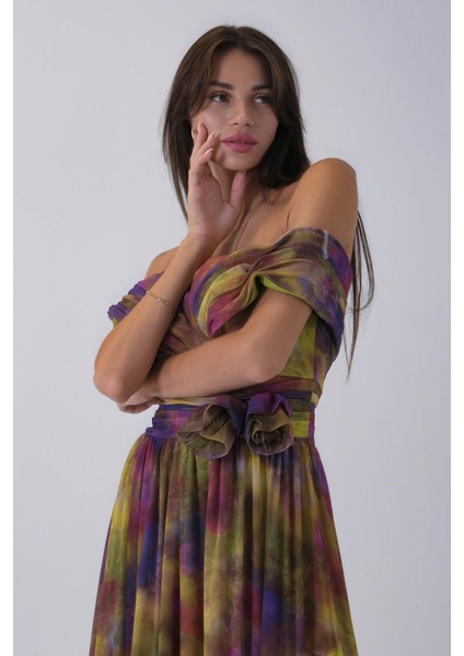 Fıstık Beli Çiçek Detaylı Desenli Şifon Abiye 0801102.22