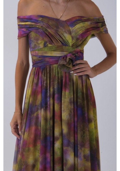 Fıstık Beli Çiçek Detaylı Desenli Şifon Abiye 0801102.22