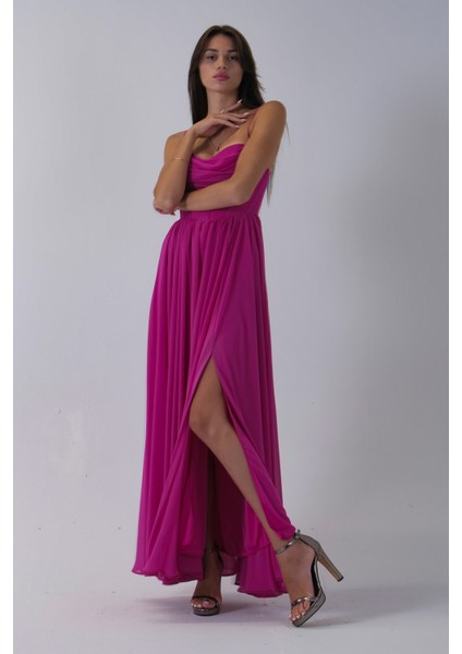 Fuşya Askılı Drapeli Uzun Şifon Abiye 08020032.12