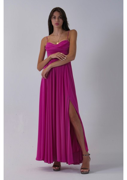 Fuşya Askılı Drapeli Uzun Şifon Abiye 08020032.12 fiyatları