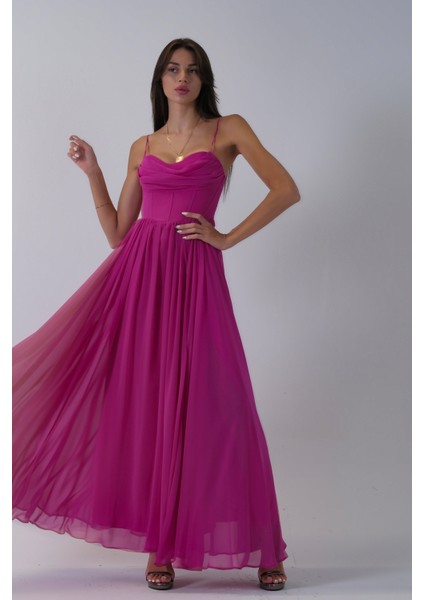 Fuşya Askılı Drapeli Uzun Şifon Abiye 08020032.12 modelleri