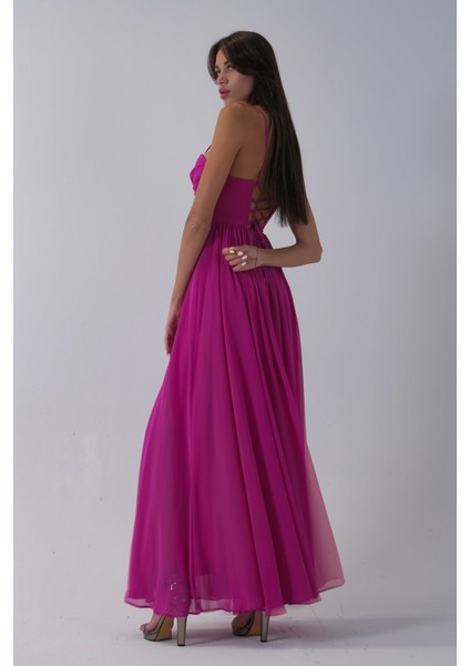 Fuşya Askılı Drapeli Uzun Şifon Abiye 08020032.12 indirimleri