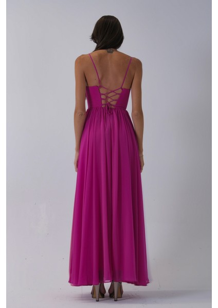 Fuşya Askılı Drapeli Uzun Şifon Abiye 08020032.12