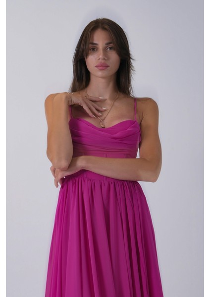 Fuşya Askılı Drapeli Uzun Şifon Abiye 08020032.12