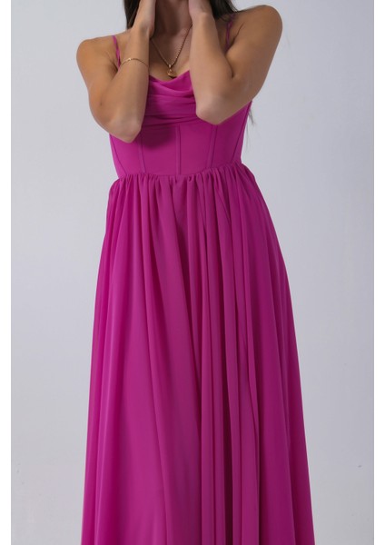 Fuşya Askılı Drapeli Uzun Şifon Abiye 08020032.12
